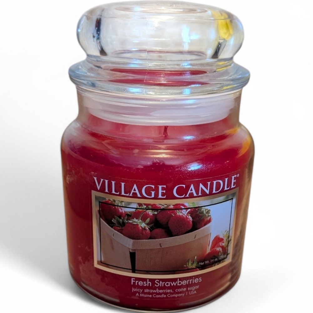 Village Candle Fresh Strawberries 14oz Medium Apothecary Dome Glass Candle Jar